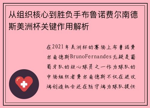 从组织核心到胜负手布鲁诺费尔南德斯美洲杯关键作用解析